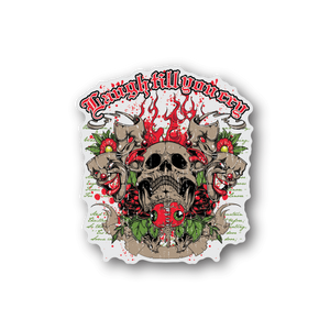 Clown vinyl sticker with skull, red flames, and three clown faces in circle design