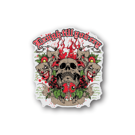 Clown vinyl sticker with skull, red flames, and three clown faces in circle design