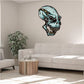 Laughing alien skull sticker with teal and black detailed cartoon face