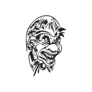 Laughing jester head decal with big nose, black-and-white cartoon face
