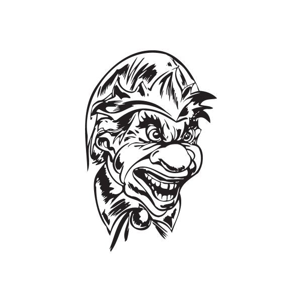 Laughing jester head decal with big nose, black-and-white cartoon face