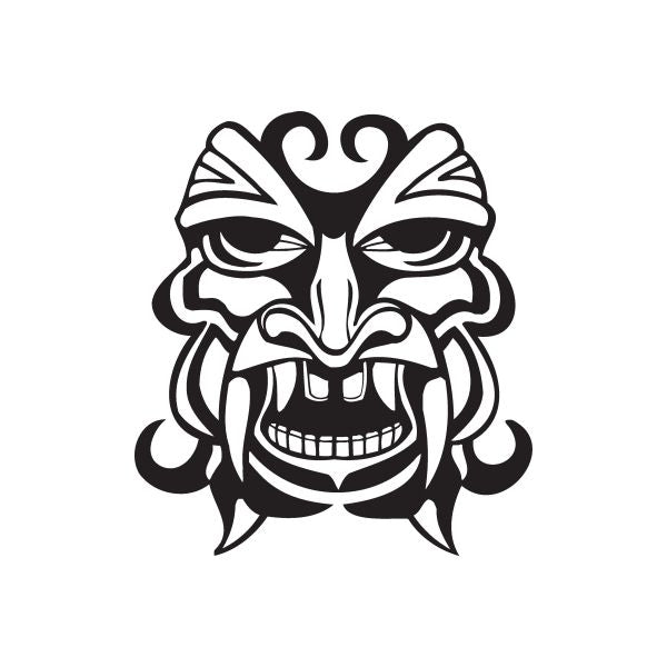 Black laughing tiki face decal with fanged grin and carved tribal details