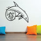 Black laughing moon and dolphin wall decal in minimal line art.