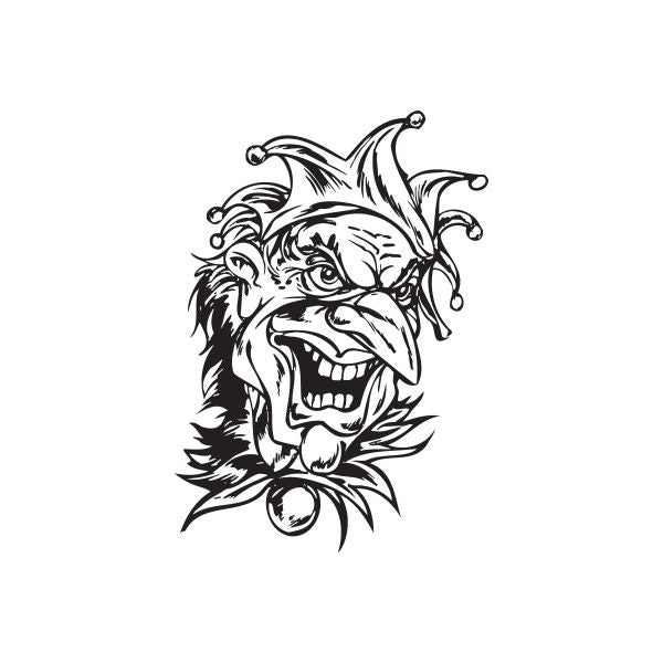 Laughing old jester head decal with black line art and horned cap