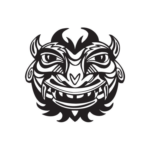 Round laughing tiki face decal with black tribal mask design