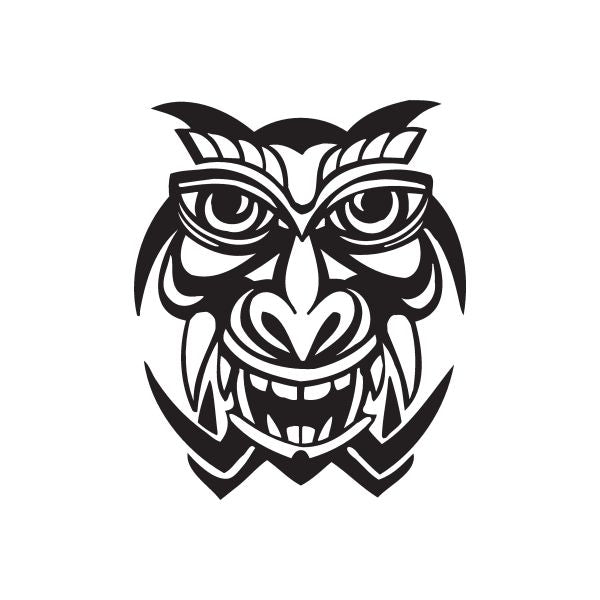 Laughing tiki owl face decal with bold black stylized mask graphic