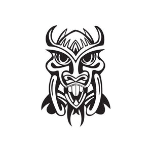 Black laughing tiki face decal with tusks and tribal mask design