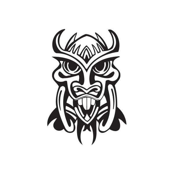 Black laughing tiki face decal with tusks and tribal mask design