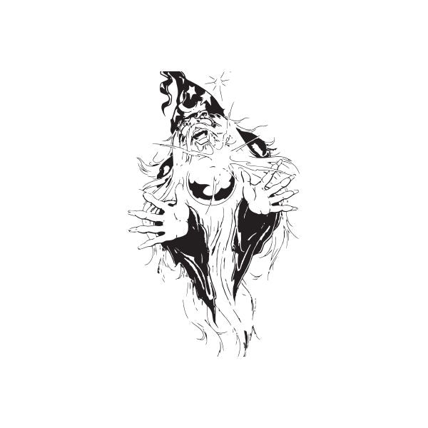 Laughing wizard decal, black and white illustrated wizard head with pointed hat