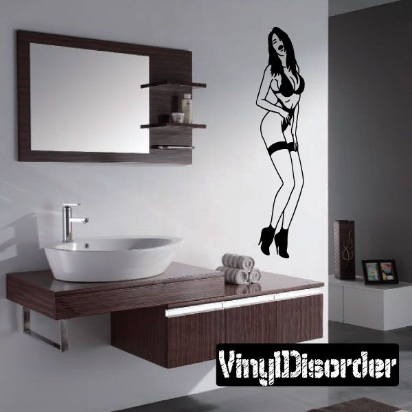 Lingerie woman wall decal, full-body black line art with high heels