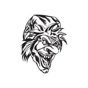 Black-and-white jester head decal with long nose and sharp teeth