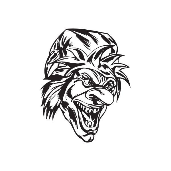 Black-and-white jester head decal with long nose and sharp teeth