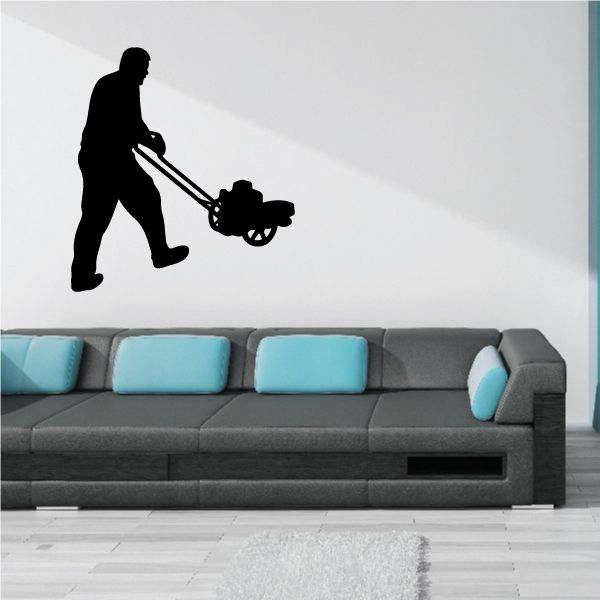 Lawn edger decal with a black silhouette of a person using a push lawn trimmer