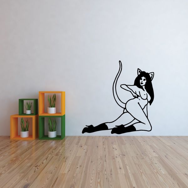 Laying cat girl decal, black-and-white line art of a reclining cat-themed girl.
