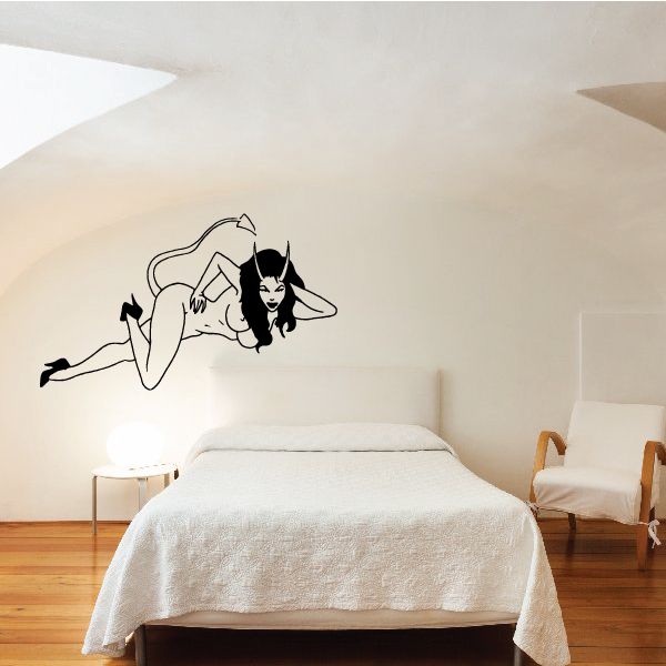 Devil girl wall decal: black-and-white figure lying pose with horns and heels