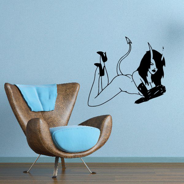 Devil girl in heels decal with raised legs, black figure and horned head