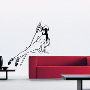 Horned devil girl wall decal holding a pitchfork, black outline illustration