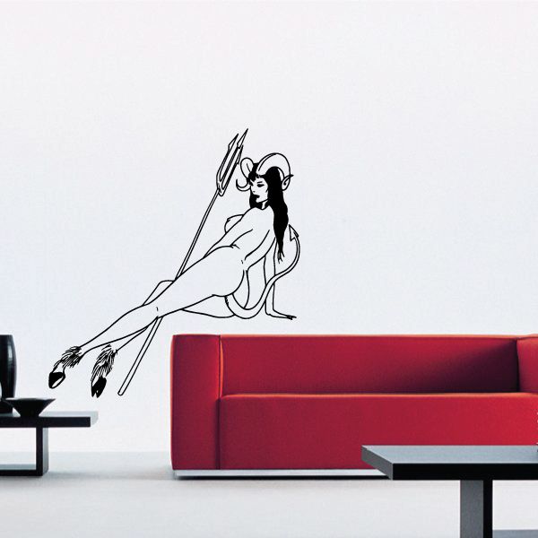 Horned devil girl wall decal holding a pitchfork, black outline illustration