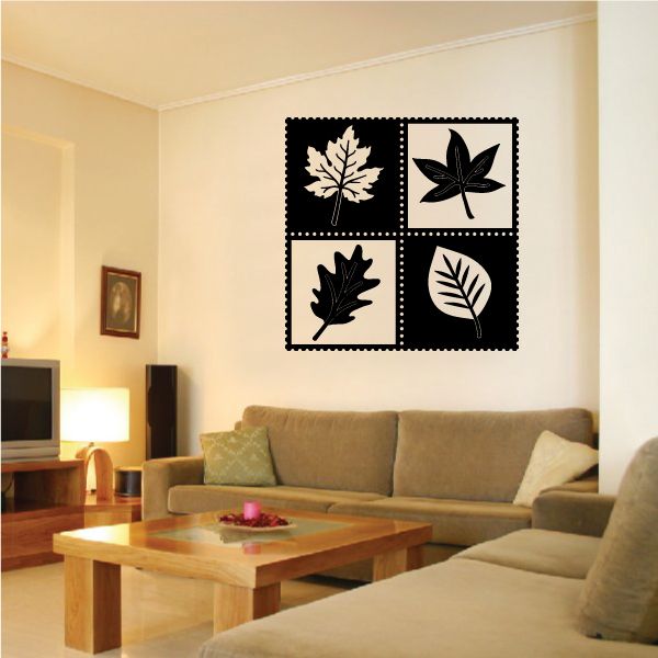 Leaf mural wall decal with four black leaf silhouettes on a square grid