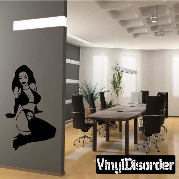 Black lingerie woman wall decal, seated pose with long hair silhouette.
