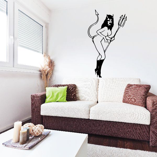 Leaning devil girl wall decal, black silhouette holding pitchfork