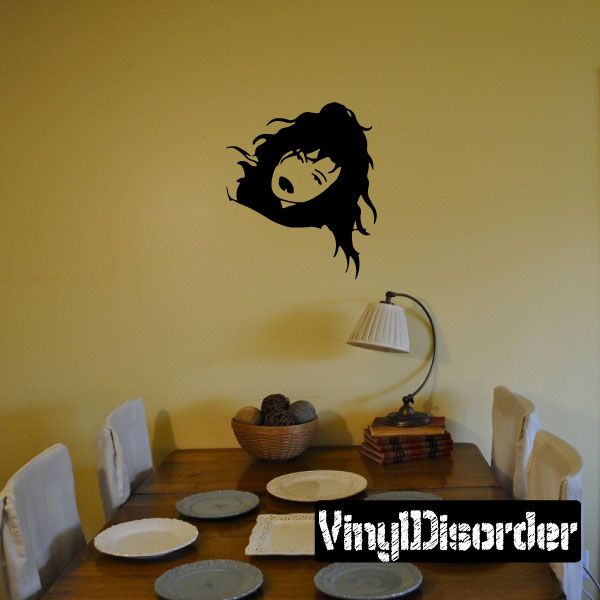 Leaning woman head wall decal, black silhouette with flowing hair.