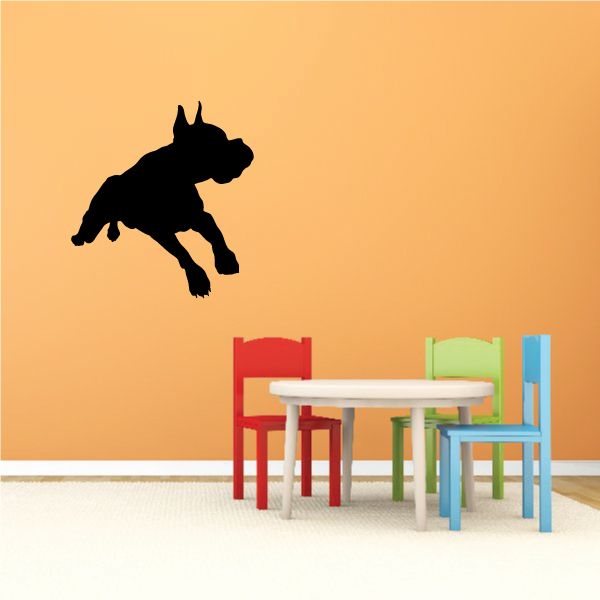 Leaping boxer dog decal, black silhouette.