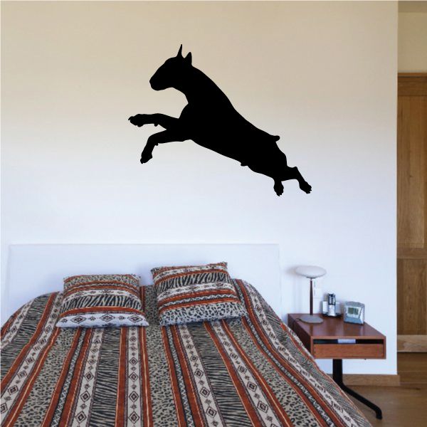 Leaping bull terrier decal with black jumping silhouette.