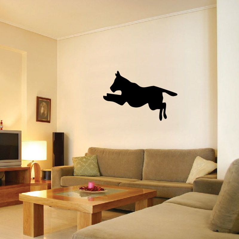 Black leaping dog wall decal, vinyl silhouette in mid-air