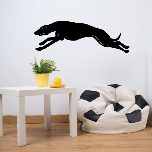 Leaping greyhound wall decal, black dog silhouette in mid-run