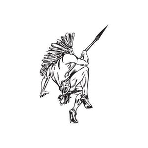 Native American headdress decal of leaping figure holding a spear, black and white