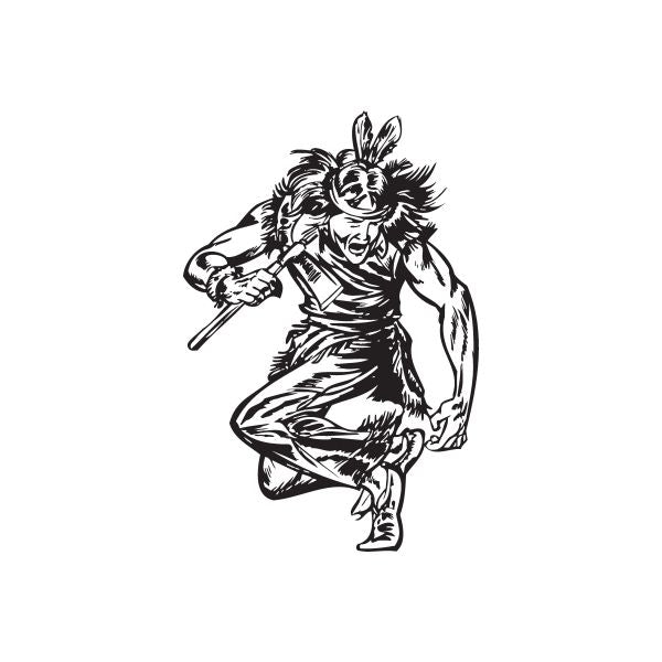 Leaping Native American warrior hatchet decal, black and white line art