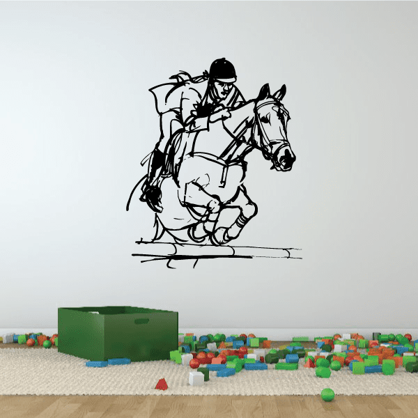 Equestrian leaping over bar decal, black line art of horse and rider