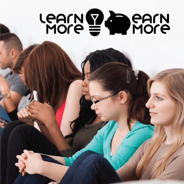Learn More Earn More decal with Learn More text, lightbulb and pig icons, black