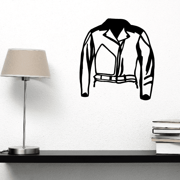 Black leather motorcycle jacket decal silhouette with front zipper and belt detail