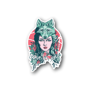 Wolf girl vinyl sticker with teal wolves, pink heart shape, and floral details