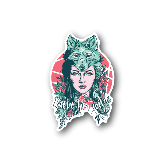 Wolf girl vinyl sticker with teal wolves, pink heart shape, and floral details