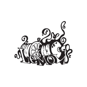 Black graffiti-style decal with stylized lettering and swirling accents