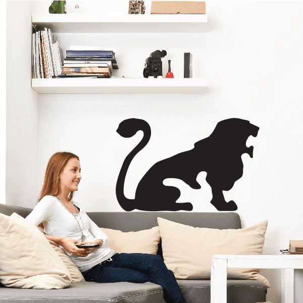 Roaring lion wall decal with black silhouette, facing right