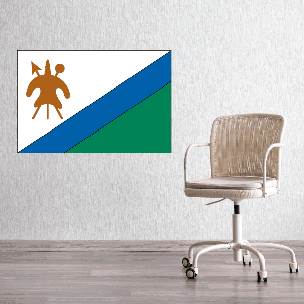Lesotho flag sticker, rectangular with blue/green diagonal bands and brown emblem on white
