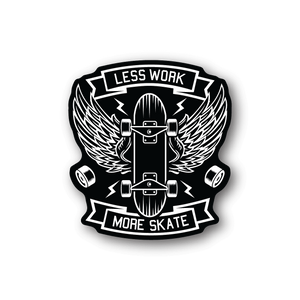 Vinyl sticker with skateboard graphic and banner text, monochrome black and white