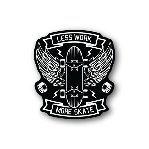 Vinyl sticker with skateboard graphic and banner text, monochrome black and white
