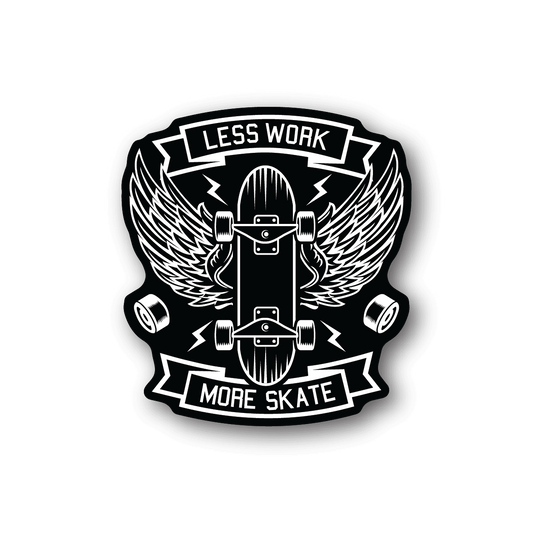 Vinyl sticker with skateboard graphic and banner text, monochrome black and white