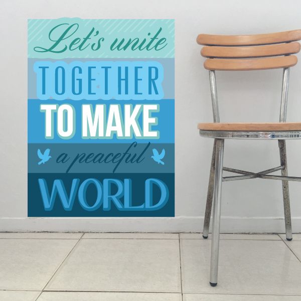 Peace day wall decal with teal typography: “Let’s unite together to make a peaceful world.”