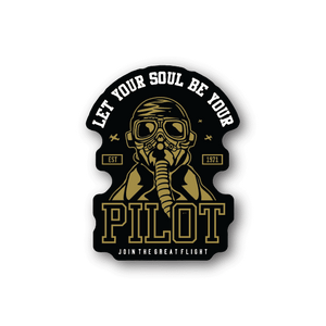 Vinyl sticker with astronaut graphic and quote, gold and white text on dark