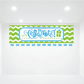 Monthly calendar wall decal with blue Let's Celebrate design and month abbreviations, green chevrons