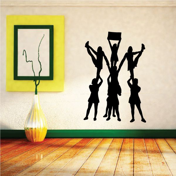 Cheerleading wall decal with five black silhouettes and pom-poms