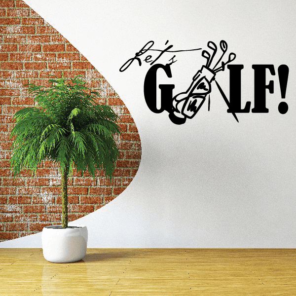 Golf wall decal with black LET'S GOLF! lettering and golfer club graphic