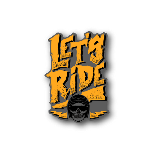 Vinyl sticker with yellow 'LET'S RIDE' text and skull graphic