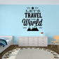Travel world wall decal with bold lettering, sun, and mountain icons